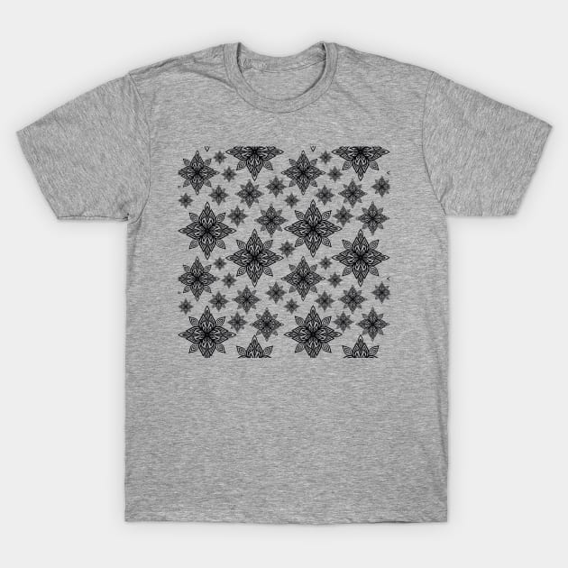 Black and White Flower Star Pattern T-Shirt by missdebi27